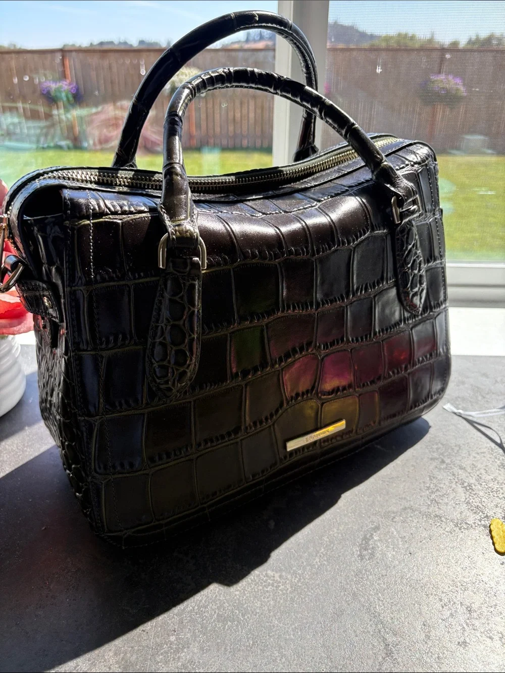 Brahmin Croc-Embossed Satchel with Gold Plaque